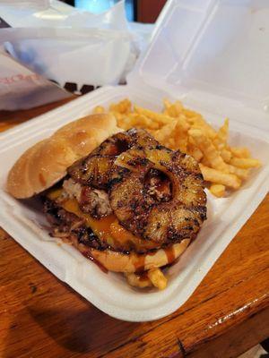 A luscious, beautifully done, Medium Rare Hawaiian Burger with a side of Fries! Yummy!