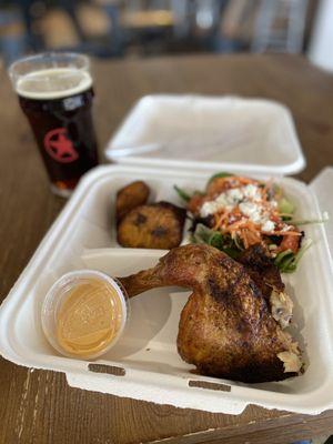 Plantains, leafy green salad and quarter rotisserie chicken dark meat.