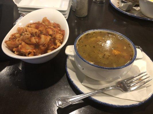 Chicken Noodle Soup with a side of Pasta Pomodoro.