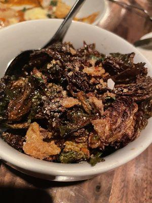 Fried brussel sprouts with fried chicken skin- amazing! Love that it's extra fried with the burnt ends