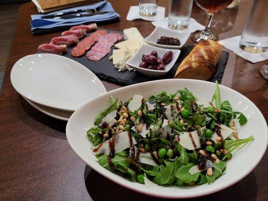 This is the charcuterie tray and the pea salad.