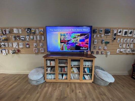 Our store display showcases promotions, events, art, how to videos, and more!