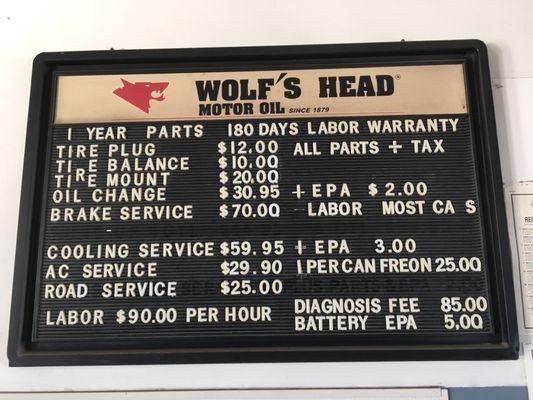 List of prices and services. They also do state inspections