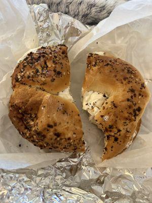 Toasted everything bagel with cream cheese