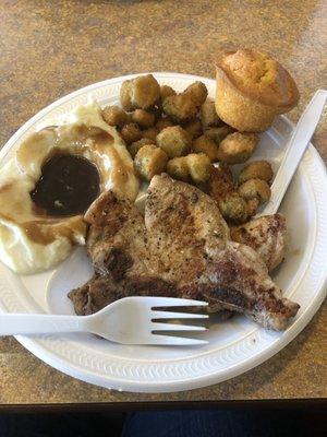 Grilled Pork Chops with Mashed potatoes and Gravy and Fried Okra