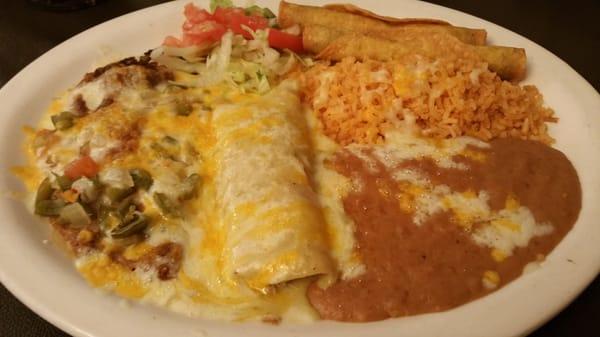 10.99  chile relleno, green chile chicken enchilada, and beef flautas.