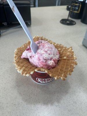 My signature favorite: Cheesecake with Raspberries in a delicious waffle bowl