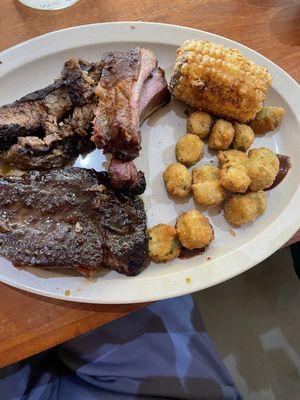 Fried corn, Fried okra, ribs, brisket, pork steak