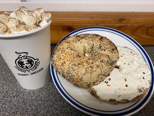 Toasted Marshmallow Cocoa and Everything Jazzy Bagel with Housemade Spread.