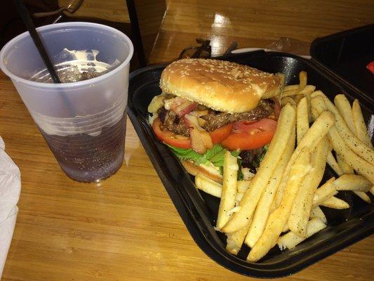 Deck 33 burger and seasoned French fries. One small cup of soda $26...