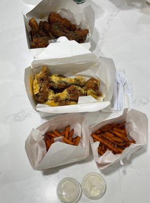 B. Crispy Fried Chicken Full E. Crispy Fried Chicken with Cheddar Full   Sweet Potato Fries with ranch dip