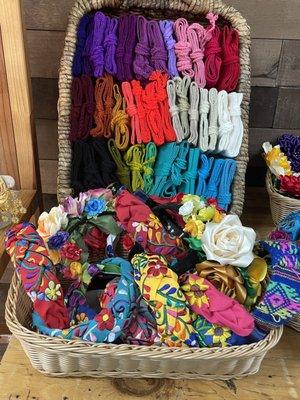 Vibrant Mexican embroidered hairpieces and accessories.