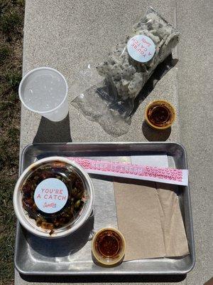 Small byob, chips, and Guava Lemonade with a side of Crunchy Garlic Chili Oil