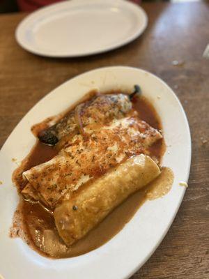 Chile Rellenos,  bean burrito, chicken enchilada