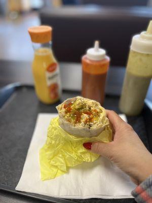 Sausage & Bacon breakfast burrito! Paired with lovely spicy salsas!