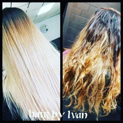 Before and  after Balayage hair correction