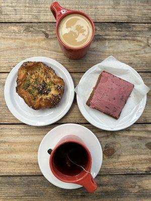 Coffee, bagel galette, pop tart, and tea