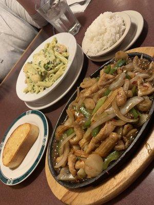 Mongolian chicken. Penne pesto with prawns.