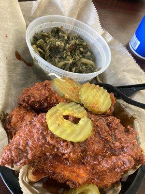 Hot chicken and turnip greens