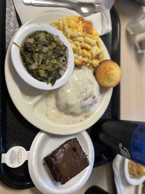 Chicken fried steak, Mac and cheese, collards, chocolate cake, and cornbread.