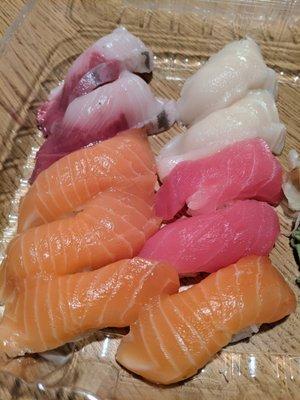 Yellowtail (hamachi), white tuna (shiro maguro), salmon (sake), and yellowfin tuna (maguro) nigiri. $6-8 for every 2 pieces.