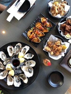 HH food! Dollar oysters, fried squid, baby octopus, and chicken karaage