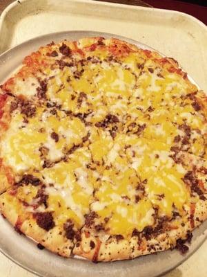 Large cheeseburger pizza. So fresh and yummy...