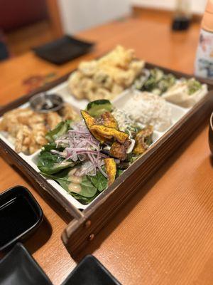 Shrimp and vegetable Tempura bento box also comes with a miso soup.