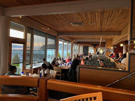 View across the dining room at sunset.