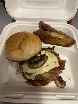 Mushroom cheese burger and wedge fries