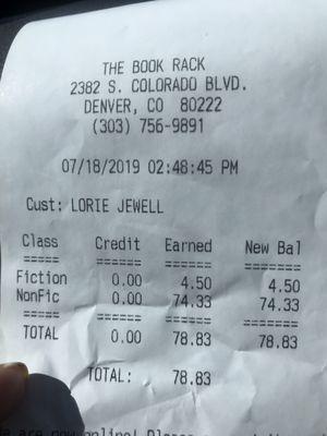 This is the receipt I got from another used bookstore giving me $78.83 in trade.  Book Cranny offered me three dollars for the same books.