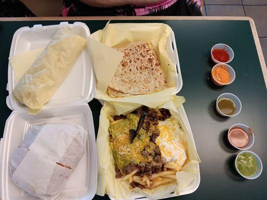 Torta, Carne asada fries, Supreme quesedilla, washington burrito