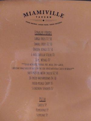 Miamiville Tavern Menu