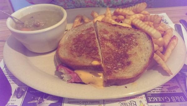 Ruben sandwich with fries, split pea soup