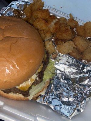 Cheese burger with Tater Tots.