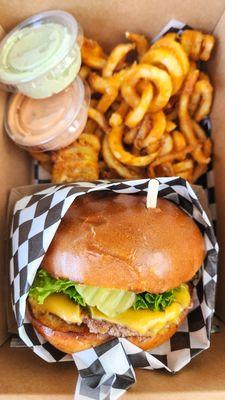 Single burger and curly fries