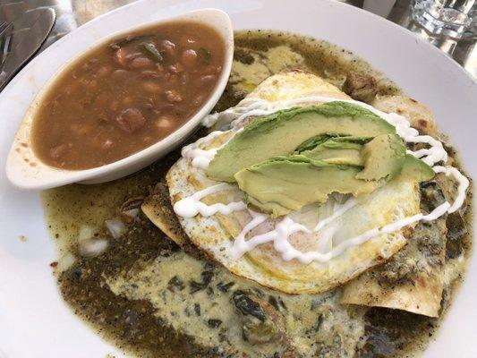 Enchiladas Con Huevos with Pork Verde Chile and side of Beans