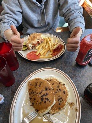 chocolate chip pancakes and the swiss burger deluxe.