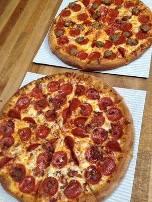 Hot, fresh Pepperoni & Bacon (bottom) and Pepperoni & Sausage (top)