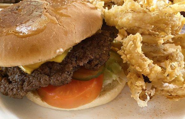 Cheeseburger and onion rings