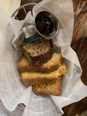 Raisin Bread and Corn Bread with Jam and Butter