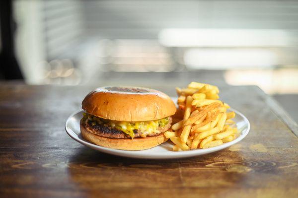 Green Chile Burger: Plant-Based Patty, Cheese, Green Chile, and Mayo on a toasted bun