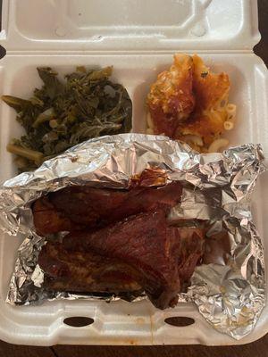 5 Pork Ribs (sauce on the side), macaroni and cheese with kale and collard greens.