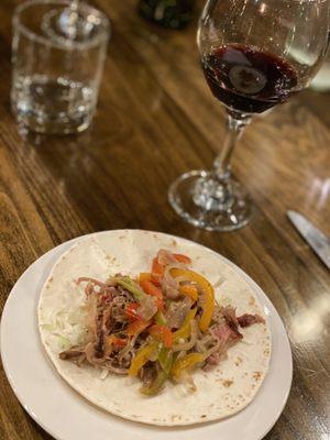 4th course of wine club dinner tasting - carnitas tacos with a Merlot