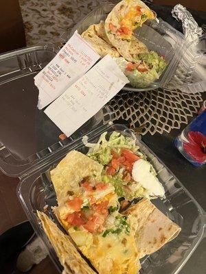 Paid for chicken and meat quesadillas and I received them without meat. Also, wrong size soups