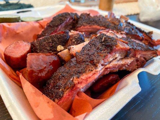 3 meat platter. Babyback ribs, sausage, Brisket (moist)