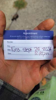 Appointment card.