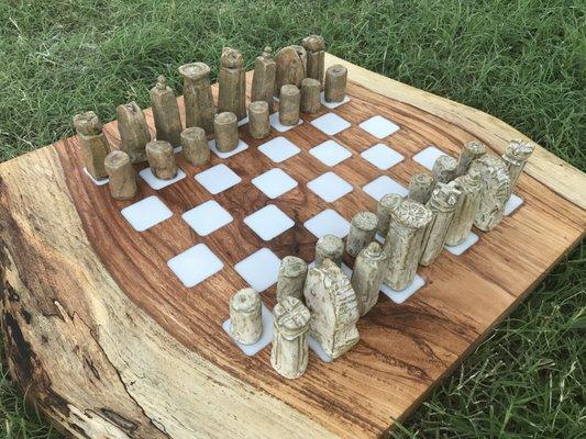 Pecan Chess Board with Ceramic Pieces.