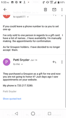 Email from Patti Snyder and Indira Allfree and myself.