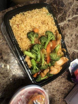 Chicken and broccoli with fried rice